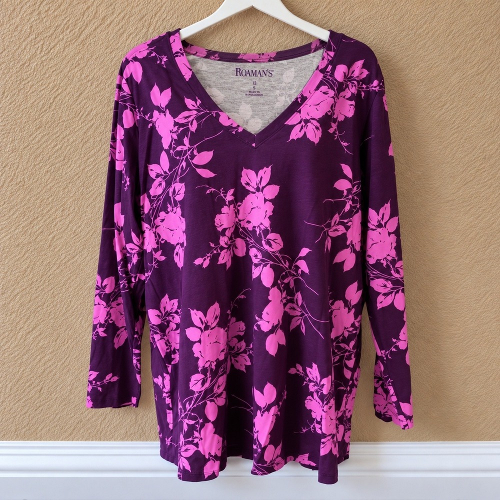Roaman's V-Neck Long Sleeve T-Shirt Size 12 S Purple Pink Floral Casual Soft Tee